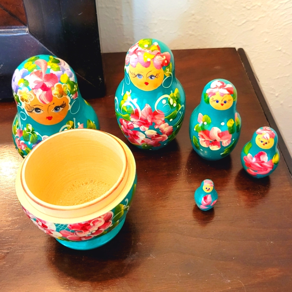 Floral Teal Nesting Dolls Set - Picture 1 of 6